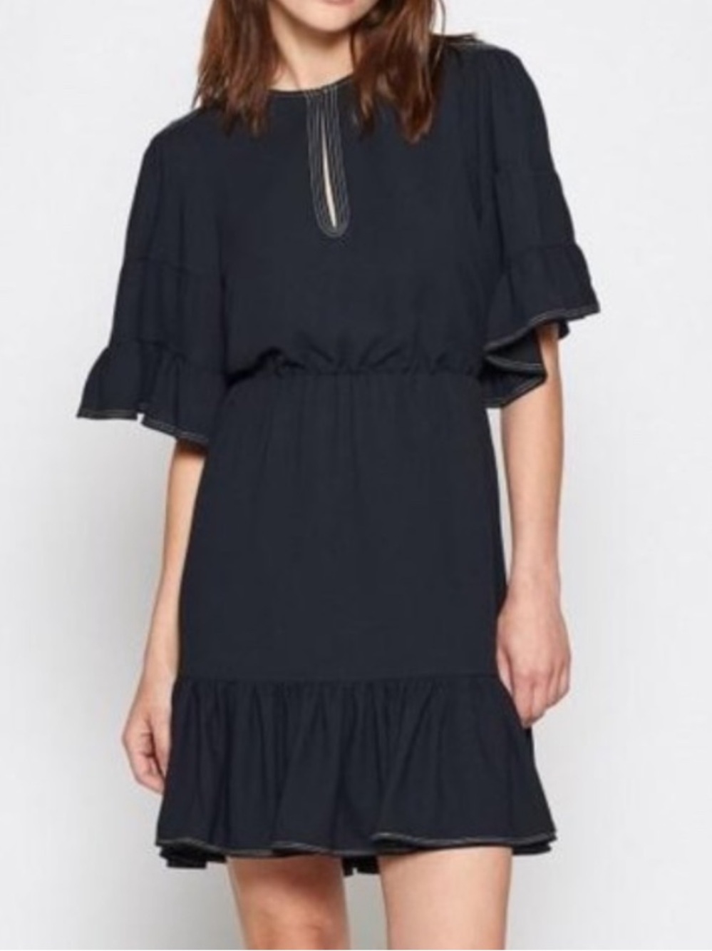 Joie Teresa B Black Ruffle Sleeve Mini Dress Keyhole Neckline Size M